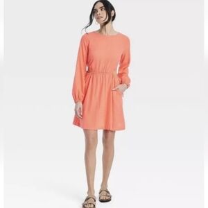 Universal Thread Women's Dress Balloon Long Sleeve Mini A-Line Coral Red Size M